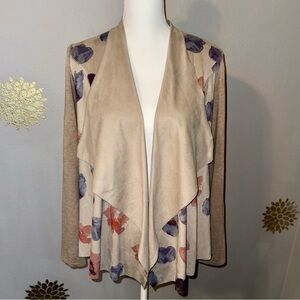 Allison Daley Faux Suede Sweater Long Sleeve Cardigan Beige Floral Ladies Medium